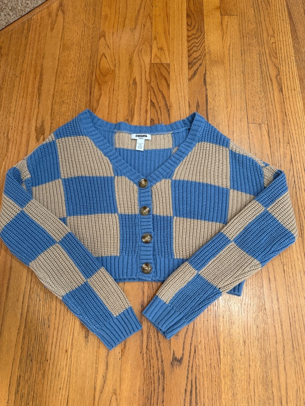 RSQ Blue & Tan Checkerboard Cropped Cardigan